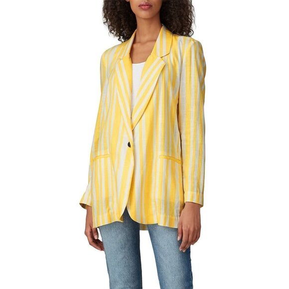 Willow Jackets & Blazers - Willow Meyer Blazer‎ Women's Small Yellow White Striped Linen Blend Long Sleeve
